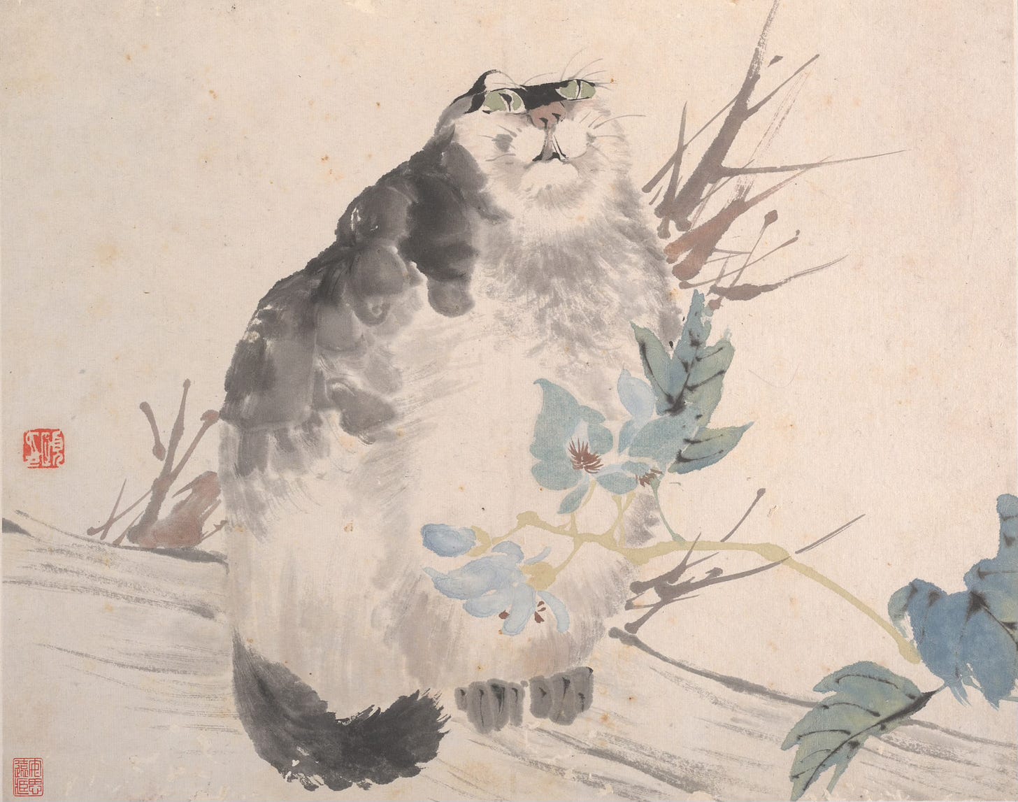 A watercolor of an extraordinarily large, fat cat -- this is a chonk who is both lorge and in chorge -- by the 19th century painter Ren Bonian. It's executed in a blobby, faux-neive style that makes the cat's large green eyes look extremely goofy in my estimation.