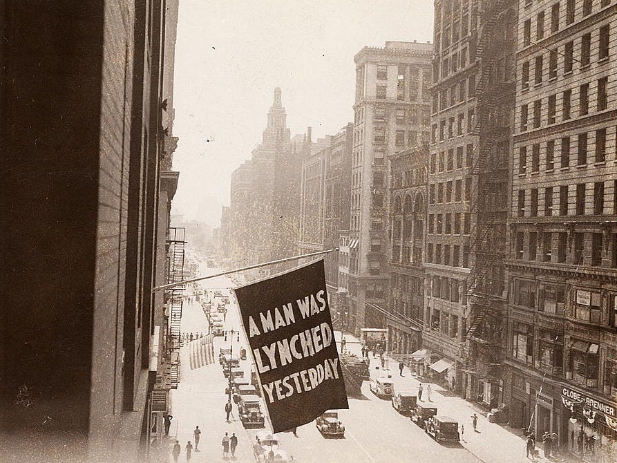 The NAACP first hung a flag outside its 5th Avenue New York City headquarters each time a lynching occurred until 1938 when its landlord threatened eviction if the practice continued. 