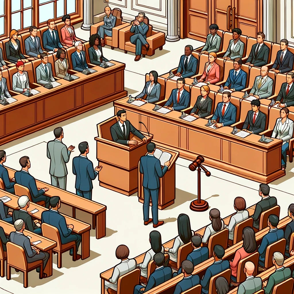 Cel-shaded 3D art of a legislative chamber. Diverse politicians are gathered, with one politician at the podium introducing a new act. Audience members listen attentively, portrayed with clean lines and a professional color palette. Symbols like a gavel and official documents signify the legislative nature of the scene.