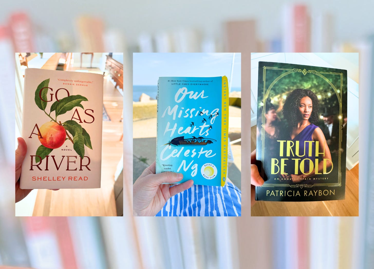 blurred bookshelves in the background with three book photos featured of: Go as a River, Our Missings Hearts, and Truth Be Told