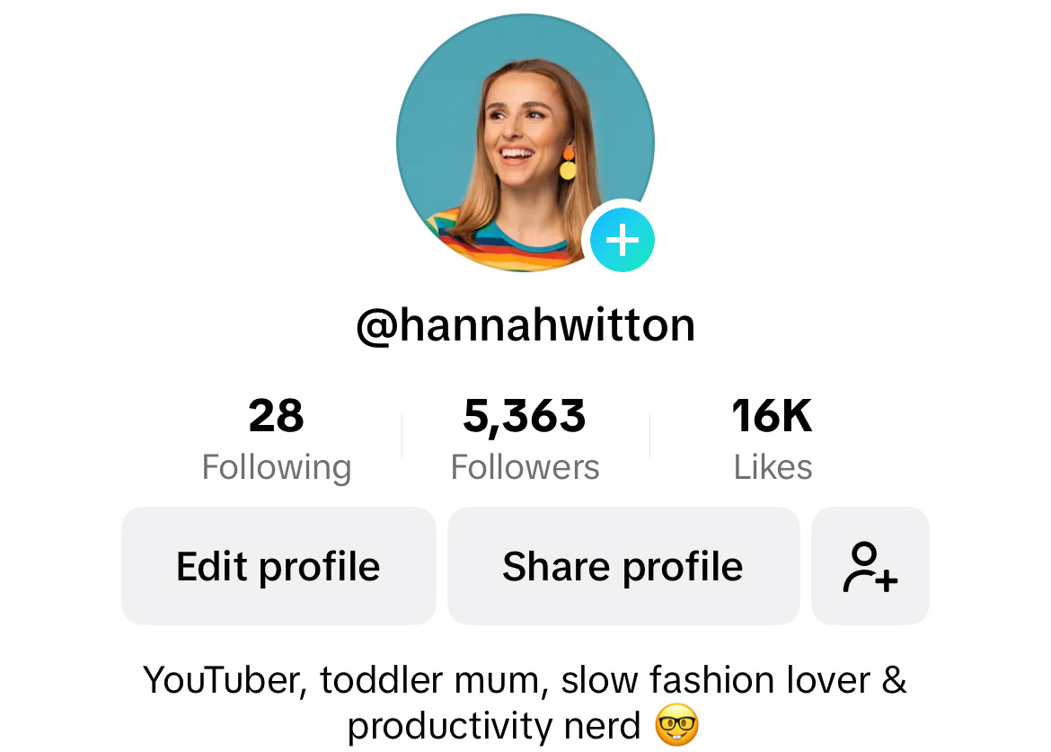 screenshot: @hannahwitton, 28 following, 5363 followers, 16k likes. YouTuber, toddler mum, slow fashion lover & productivity nerd.