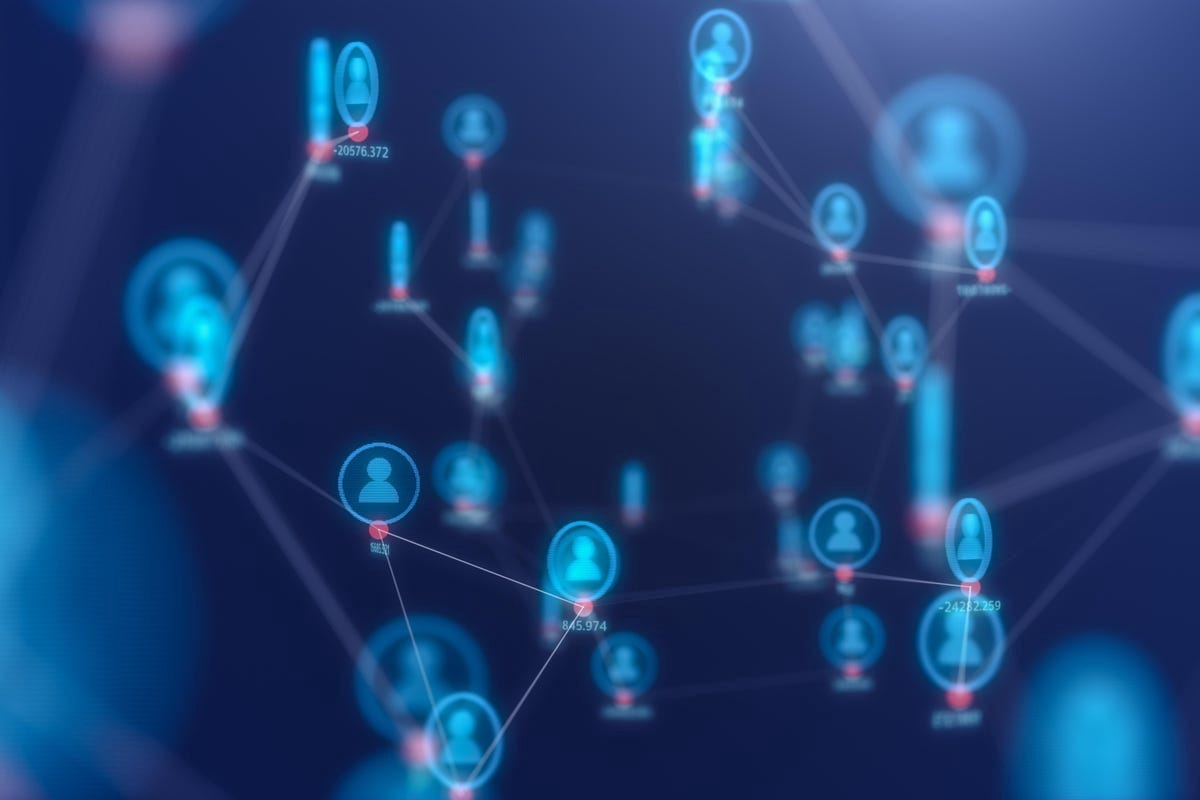 A network of interconnected users on a blue background.