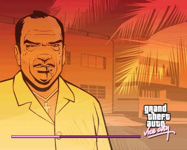 A screenshot of a loading screen from Grand Theft Auto: Vice City, featuring a detailed character portrait in the foreground, and background art of a location in Not Miami. The progress of the loading process is displayed, as is the game's logo.