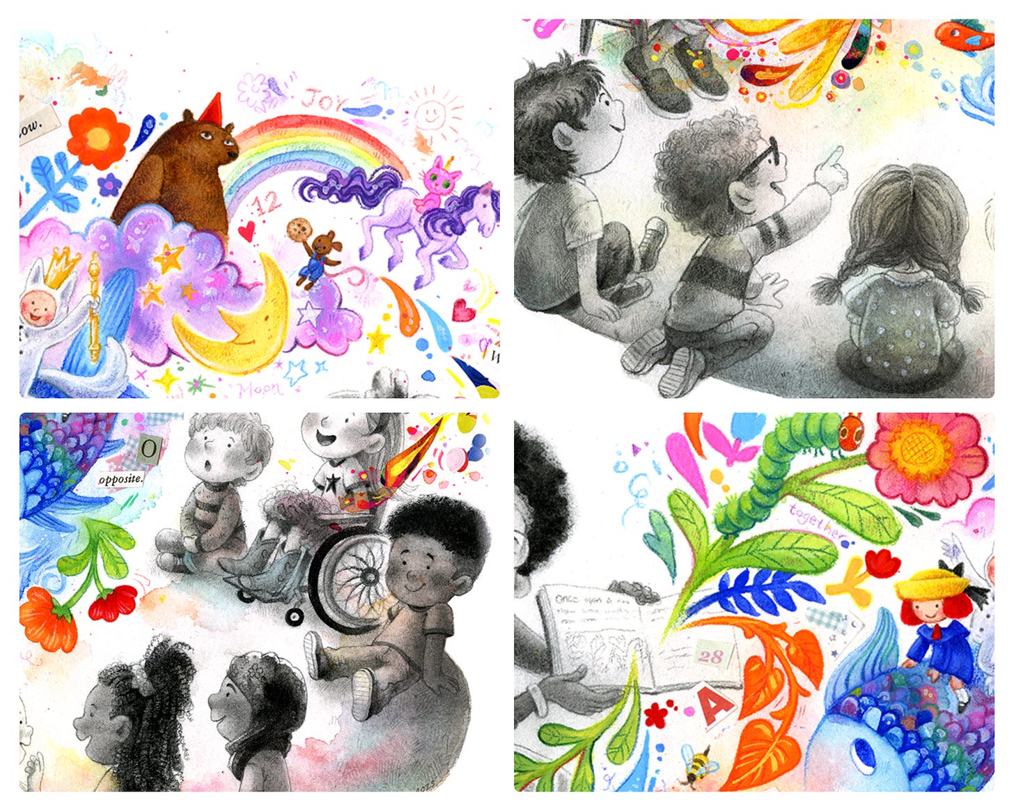 Close up shots of the mixed media illustration of a teacher reading to her class.