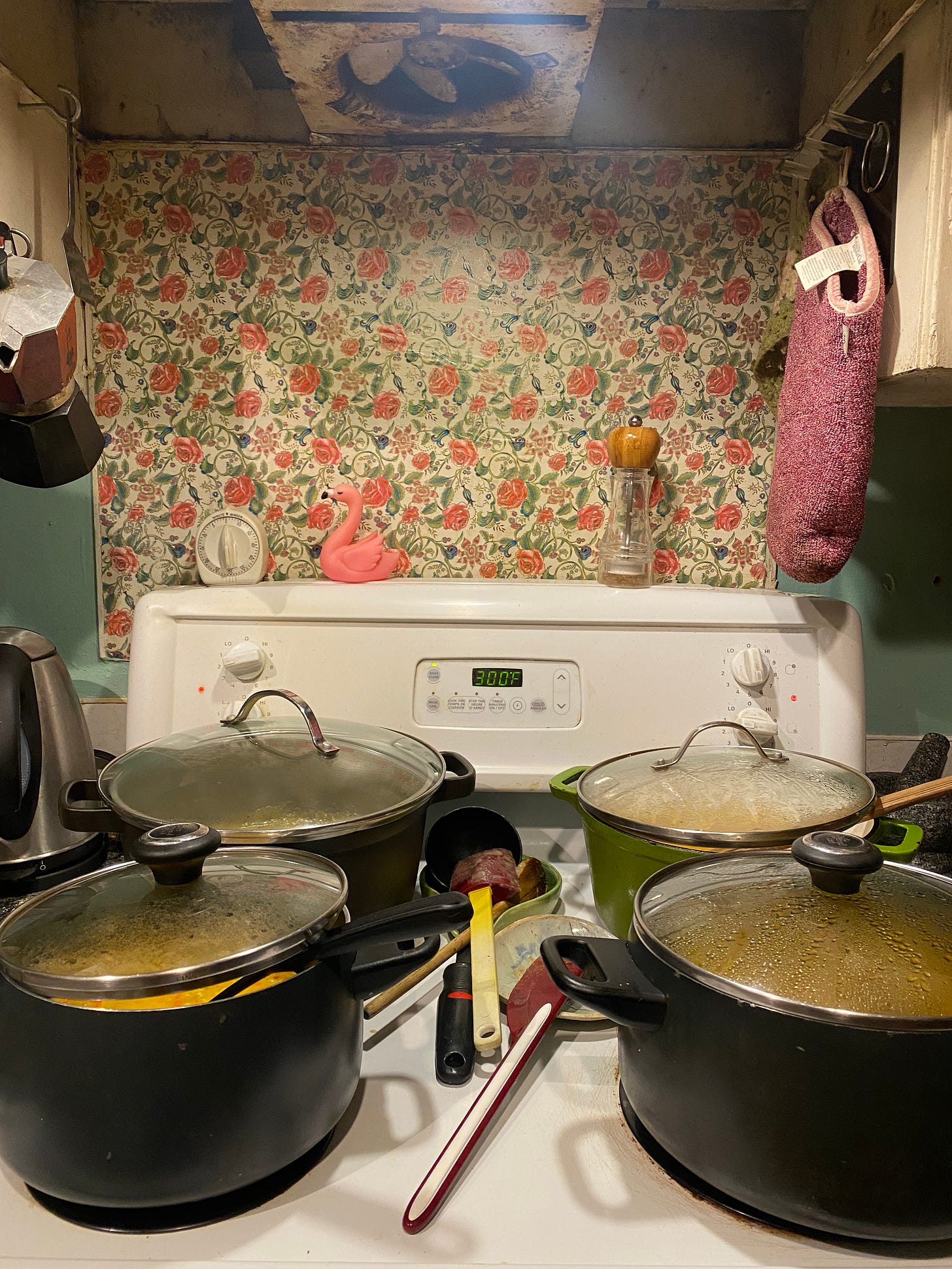 A white stove with all four burners covered in different pots of soup of various colours and sizes, each with a lid on top. Flowered wallpaper covers the wall behind the stove, and an uncovered hood fan is above it. Hanging on the walls on either side of the stove are a moka pot and a set of oven mitts. On the back of the stove are a white oven timer, a pink plastic flamingo, and a clear pepper grinder.