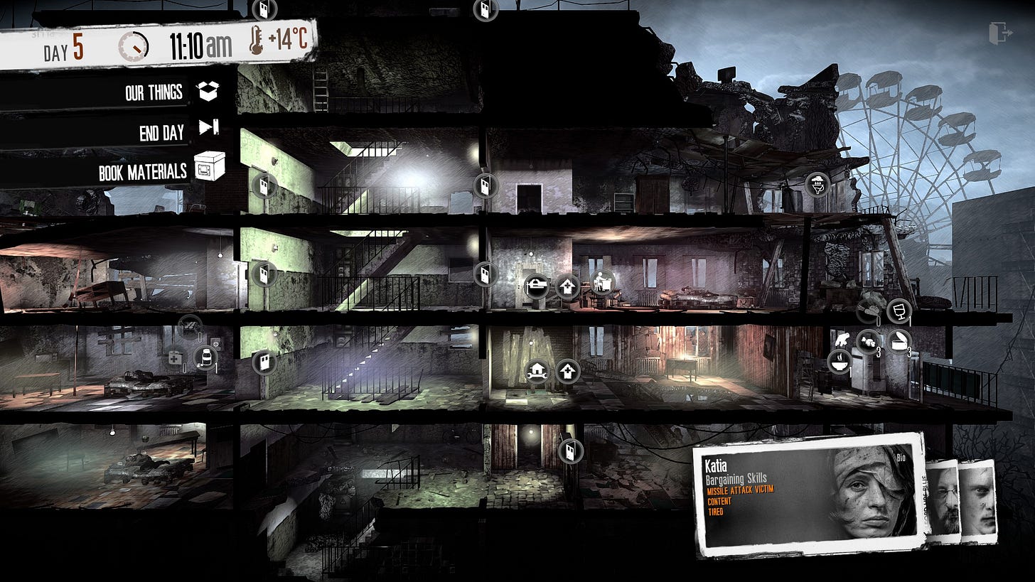 A screenshot of This War of mine, showing the lateral perspective of base-building view as all characters are sleeping in their beds.