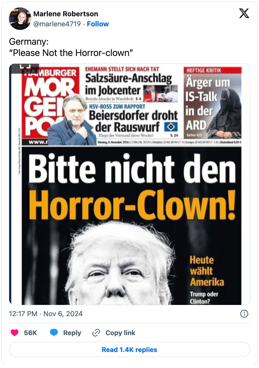 November 6, 2024 tweet by Marlene Robertson reading, "Germany: 'Please Not the Horror-Clown.'" Attached is an image of the front page of the Hamburger Morgenpost with the headline "Bitte nicht den Horror-Clown" over a black and white picture of Donald Trump.