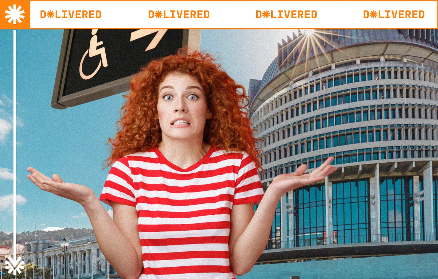 Image description  A woman with red curly hair wearing a red and white t-shirt shrugs and looks confused. In the background is a wheelchair sign and Aotearoa's Parliament building.