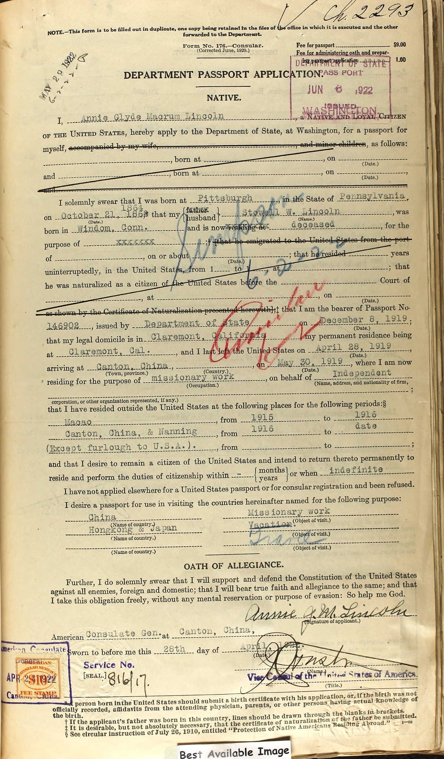 department passport application annie glyde macrum lincoln 1922