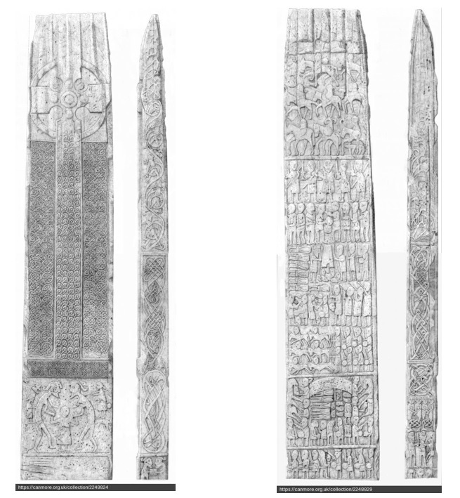Drawings of all four sides of Sueno's Stone by John Borland for Historic Environment Scotland