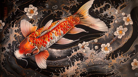 Intricate koi fish tattoo design with orange, white and black colors.