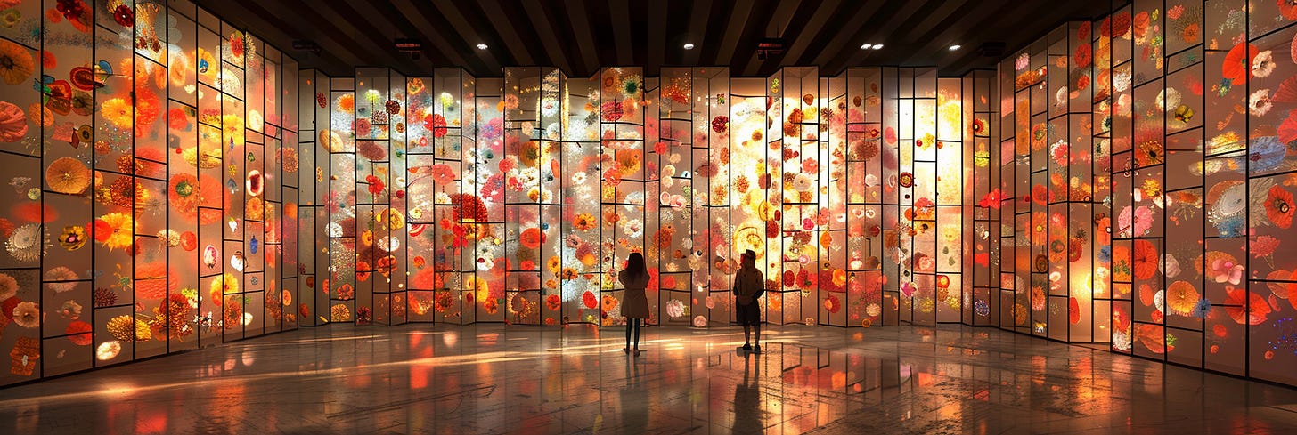 A grand hall features floor-to-ceiling illuminated panels displaying vibrant flowers in a grid pattern. The warm light casts a golden glow on the polished floor, where silhouetted figures, including a child and an adult, admire the stunning display.