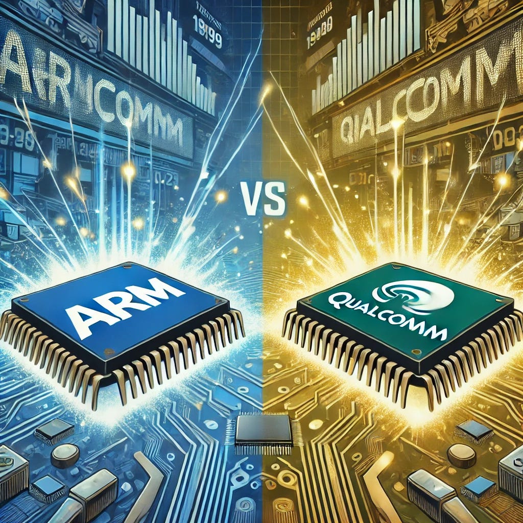 A financial pop-art style illustration depicting the rivalry between Arm and Qualcomm. The scene shows two powerful microchips labeled 'Arm' and 'Qualcomm' positioned on a futuristic circuit board battlefield, facing off with sparks and glowing energy bolts flying between them. The background features stock market charts, digital patterns, and financial graphs symbolizing their corporate competition. The color palette uses vibrant blues, greens, and golds to create a bold, professional, and visually impactful composition. Designed for financial newsletters, clean and sharp, with a dynamic 16:9 format and 1920x1080 resolution.