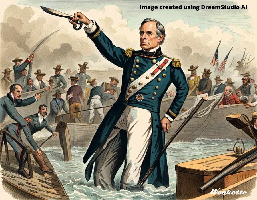 AI-generated image of Greg Abbott as a 19th-Century admiral commanding a sinking gunboat
