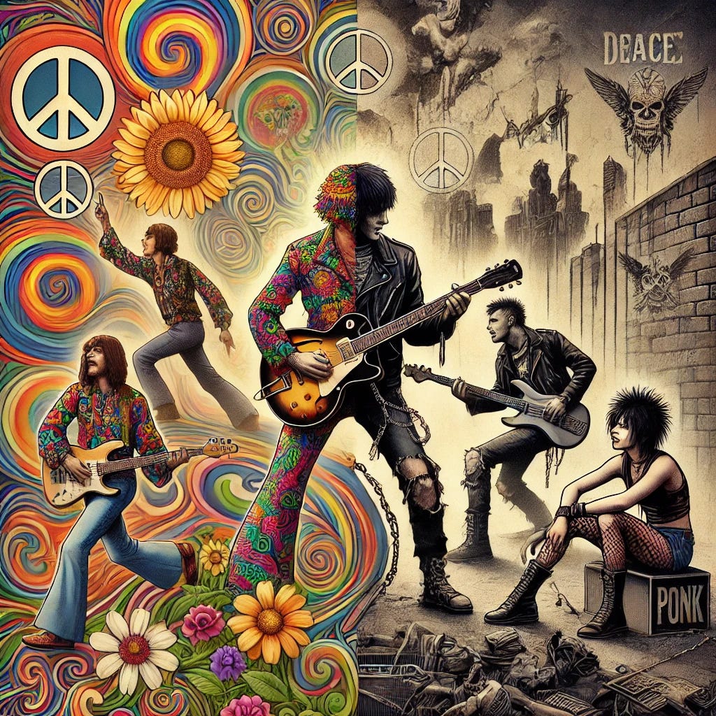 An artistic representation showing the evolution of music from the 1960s flower-power psychedelic era through 1970s progressive rock to 1980s punk. The image is divided into three distinct sections: the left side features vibrant, swirling psychedelic patterns with a hippie guitarist wearing colorful clothes, surrounded by flowers and peace symbols. The middle section transitions into the 1970s with a progressive rock musician, depicted with long hair, playing an electric guitar on a more dramatic stage, surrounded by abstract, surreal imagery. The right side contrasts sharply with the gritty, rebellious energy of punk rock: a punk musician in ripped clothes, spiked hair, and leather jacket performs with raw intensity under stark, minimal lighting, surrounded by graffiti and an urban backdrop. The entire image blends the styles seamlessly, symbolizing the cultural and musical evolution across the decades.