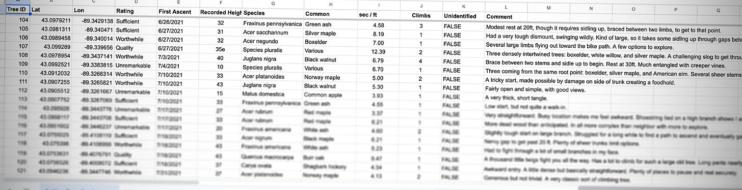 Another spreadsheet, this time with several columns of data on trees that I have climbed: species, number of climbs, comments, etc.