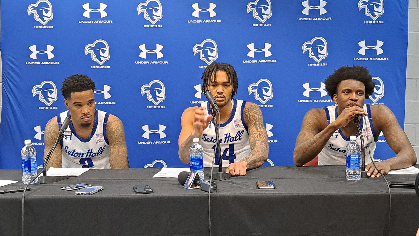 From left to right, Al-Amir Dawes, Dre Davis and Kadary Richmond meet with reporters on Feb. 24, 2024. (Photo by Adam Zielonka)