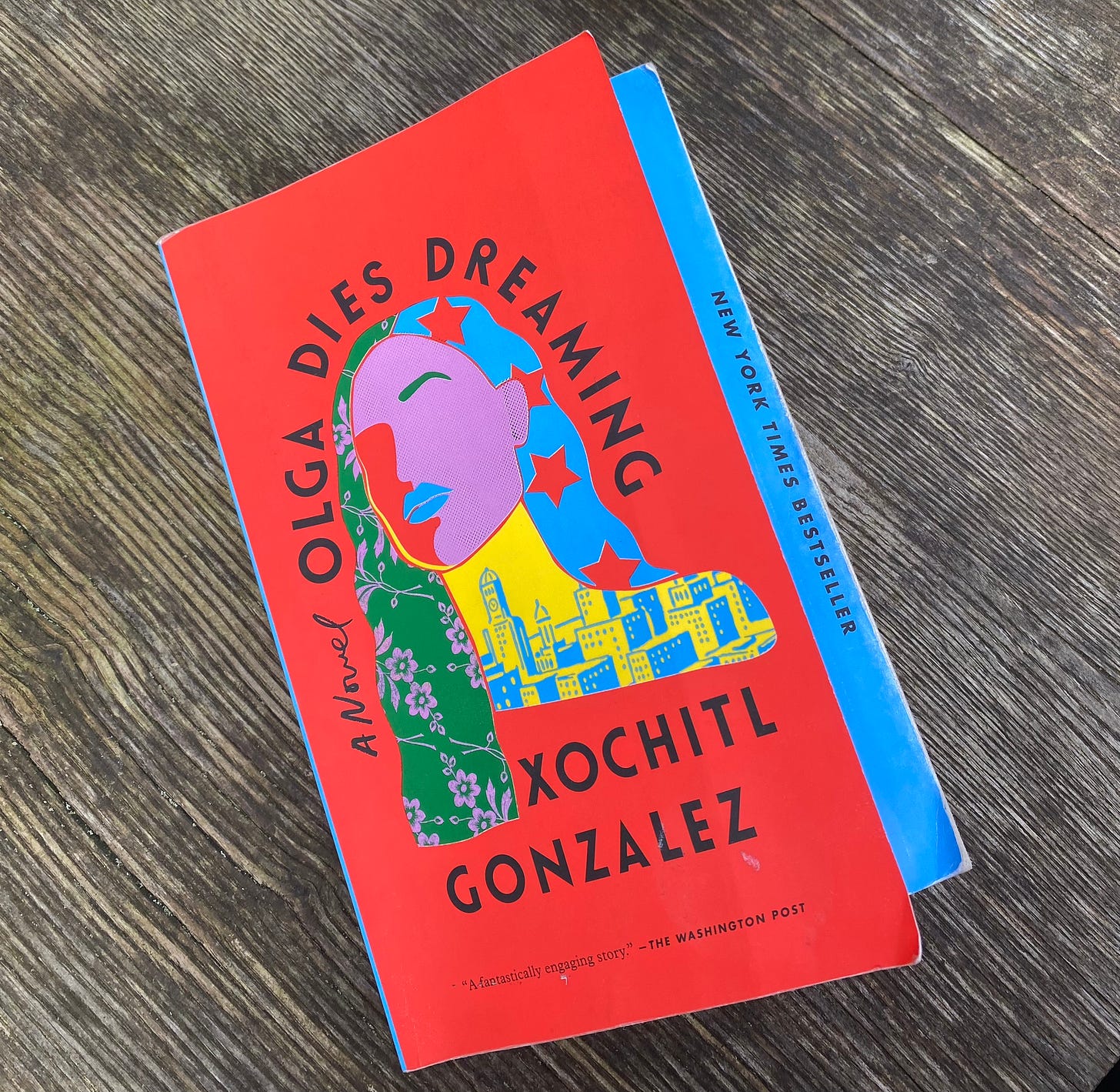 Book "Olga dies dreaming" by Xochitl Gonzalez on wooden table. Book is red and blue, with an illustration of a female figure with long hair on the cover. The illustration is colourful