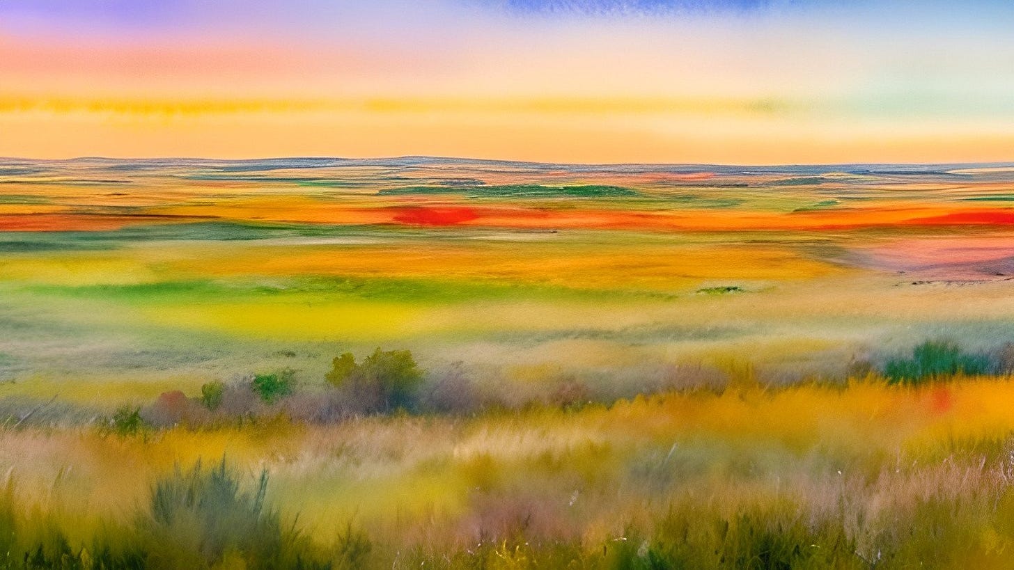 Prompt: ultra wide panoramic view of the kansas prairie in the fall, at sunset, watercolor, neutral colors, inspired by monet, with a touch of pablo picasso