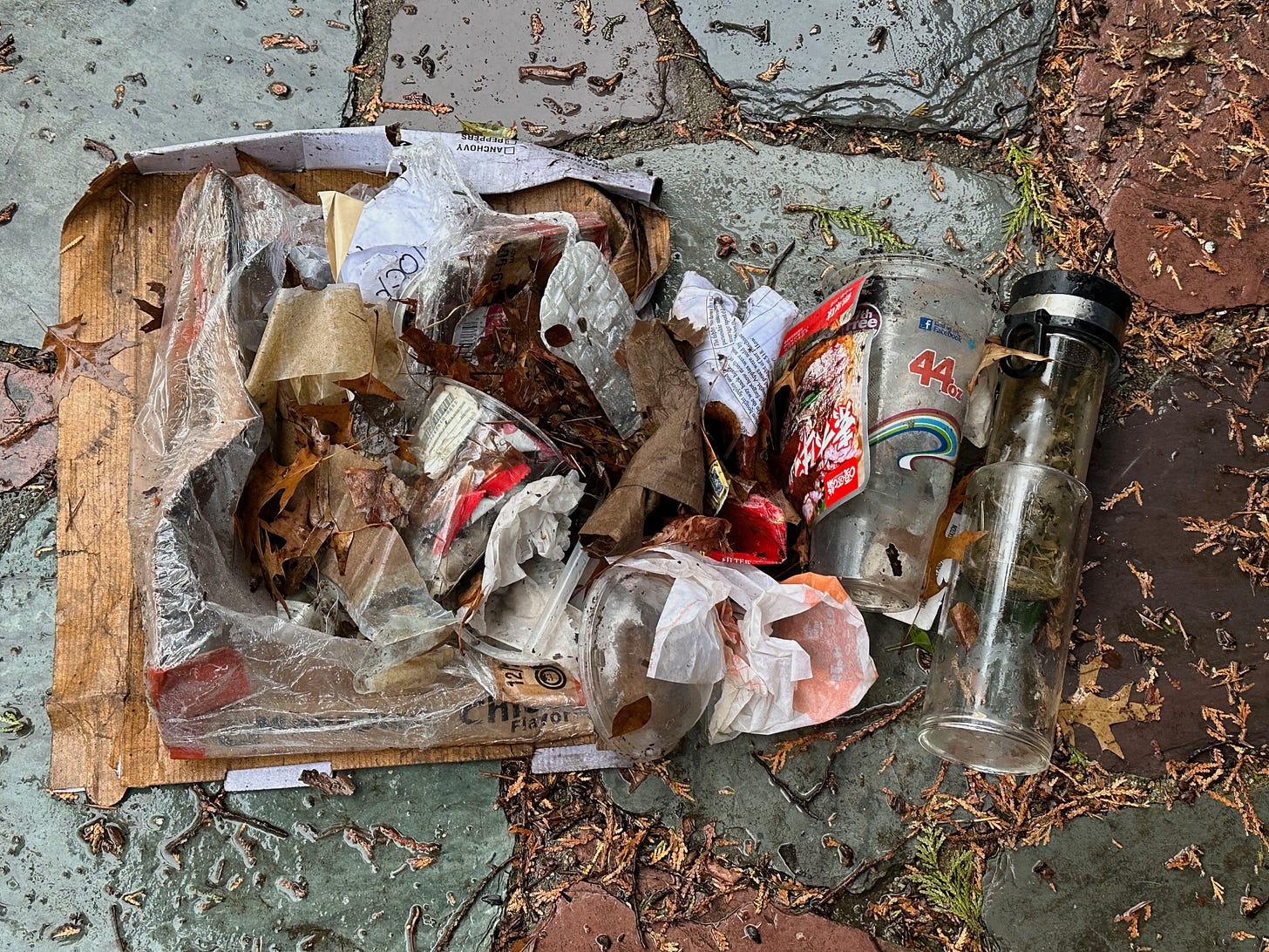 soggy pizza box and other wet garbage left on the street after heavy rain 