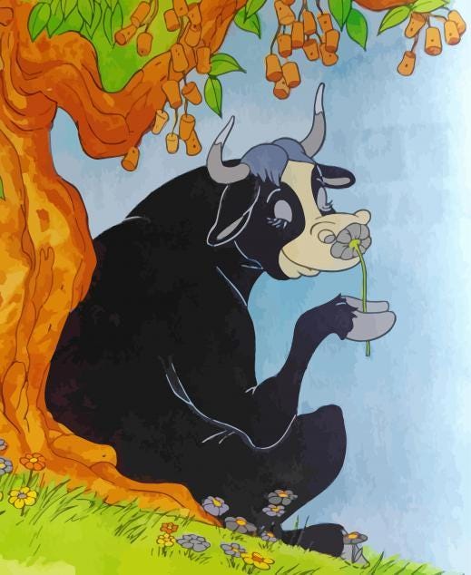 A hand drawn cartoon depicting a black bull sitting under a cork tree and smelling a purple flower contendedly