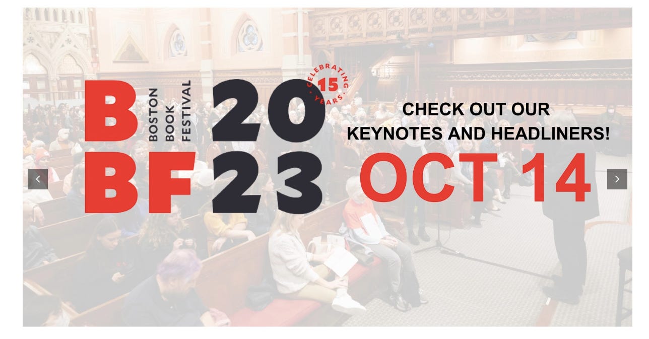 Image from the Boston Book Festival web site depicting the BBF date--October 14, 2023--in red and black letters.