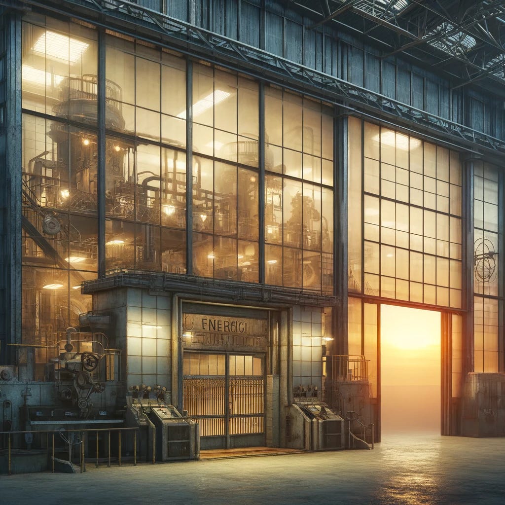 A large, deserted factory symbolizing neglect and disuse in the manufacturing of generic drugs. The machinery inside is covered in dust and cobwebs, with dimly lit large windows reflecting a sunset, adding a tone of melancholy and abandonment. Outside, a faded sign reads 'Generic Drug Manufacturing,' and there's a closed gate with a rusty chain and padlock. The overall scene conveys unused potential and absence of activity, evoking a sense of crisis in generic drug production.