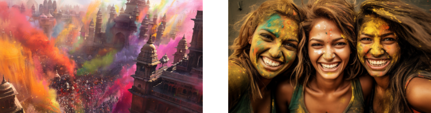 The images vividly portray the lively and spirited atmosphere of Holi, a festival deeply embedded in cultural and social joy. The first picture provides a bird's-eye view of a historic Indian palace engulfed in clouds of colorful Holi powder, with a bustling crowd reveling beneath the vibrant hues that fill the air. The second captures the intimate joy of the festival, with two women smiling broadly, their faces and hair adorned with the festive colors of Holi, radiating the warmth and friendship that the festival is known for. Together, these pictures paint a portrait of Holi that is full of life, community, and tradition.