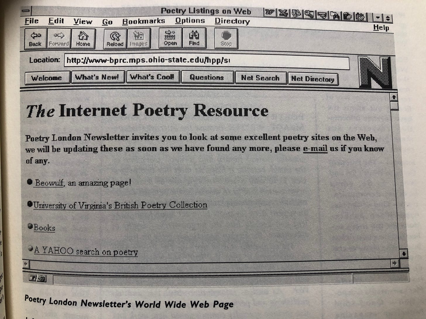 Mid-Nineties web browser displays message which begins: "Poetry London Newsletters invites you to look at some excellent poetry sites on the Web, we will be updating these as soon as we have found any more, please e-mail us if you know of any."