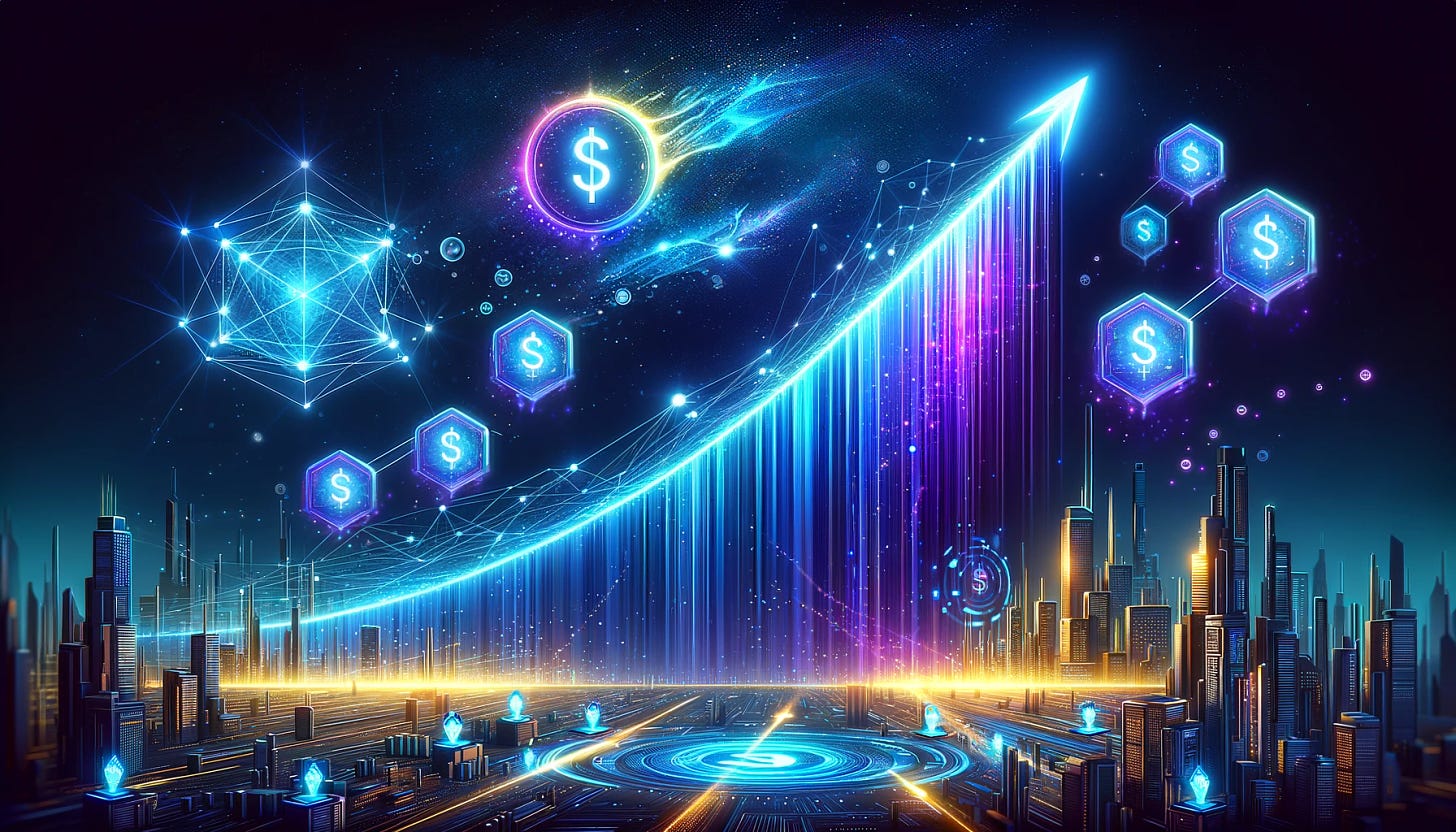 The image features a dynamic, upward soaring graph in a futuristic cityscape, symbolizing Stobox's meteoric rise. The graph line is styled as a glowing, digital streak, with nodes representing significant milestones, culminating in a symbolic representation of a 5000% gain. Surrounding the graph are floating, holographic tokens marked with the Stobox logo (STBU), indicating the explosive growth of their token. In the foreground, advanced blockchain networks and digital interfaces illustrate Stobox's innovative products for RWA tokenization. The atmosphere is electric and visionary, with a color palette of deep blues, vibrant cyans, and electric purples, reflecting the cutting-edge nature of the crypto and blockchain industry.