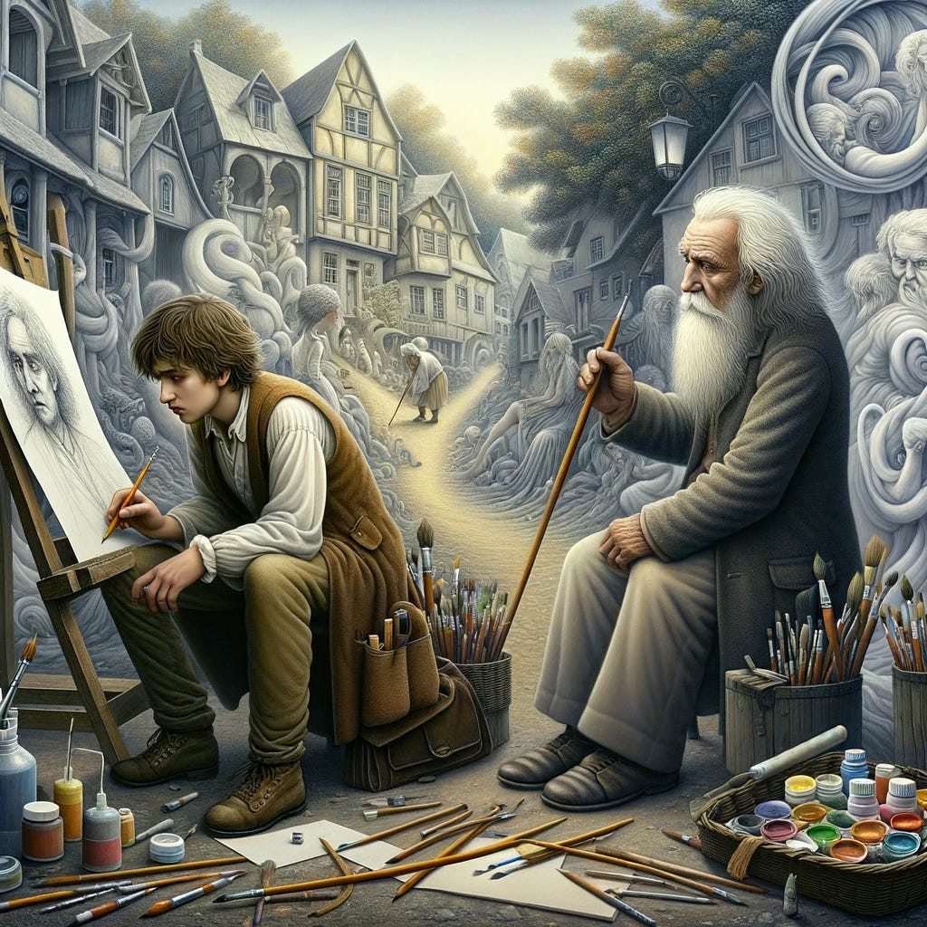 In a picturesque village where reality blends with dreams, a scene unfolds featuring a young, passionate artist and an old, wise painter. The young artist sits in the foreground, hunched over with concentration, a pencil in hand, sketching intently on a drawing pad on his lap. His expression is a mix of frustration and intrigue, surrounded by scattered brushes, paint tubes, and partially painted canvases, symbolizing his chaotic yet passionate journey in art. Standing next to him, the old painter, with a gentle hand on the young artist's shoulder, guides him. The painter's face is framed by a full, white beard, and he holds a thin brush, symbolizing the transfer of knowledge and technique. The background merges whimsically with nature, with buildings that seem to dance among curving and intertwining lines, and trees and flowers blending into the architecture, embodying the unity between art and nature. The entire scene is rendered in delicate shades of grey, with soft pencil strokes creating depth and contrast, highlighting the moment of enlightenment and inner growth of the young artist.