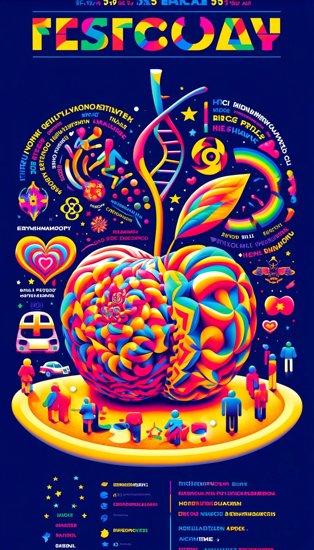 Imagine a visually dynamic and colorful festival poster, moving away from a scientific fair vibe to a more vibrant, celebratory feel while still incorporating distinct symbols for each topic. For genetically modified custard apples, illustrate a brightly colored custard apple with a playful twist of DNA spiraling around it. European governance could be symbolized by a cheerful and abstract representation of the European flag. Bioweapons can be subtly suggested with a stylish, less ominous biohazard symbol merged with floral or natural motifs. Psychopharmacology & psychotherapy could be represented by a serene face with half brain, half nature imagery. Love and relationships could be depicted through abstract, colorful heart shapes interlocking. Quantitative models of social groups might be visualized as a network of glowing, interconnected points. Personal protective equipment should be shown in an exaggerated, cartoonish pile to denote the 'too much information' aspect. The inclusion of indigenous communities in longtermist philosophy can be symbolized by a harmonious blend of traditional patterns circling a futuristic globe. Infohazards could be hinted at with a discreet, intriguing 'question mark' sign nestled among other symbols. Title the poster 'A Tapestry of Ideas: Unveiling the Wonders of Tomorrow's Festival'. The design should be playful, engaging, and inviting, with a rich palette of colors to draw the eye and stimulate curiosity about the depth and breadth of topics.