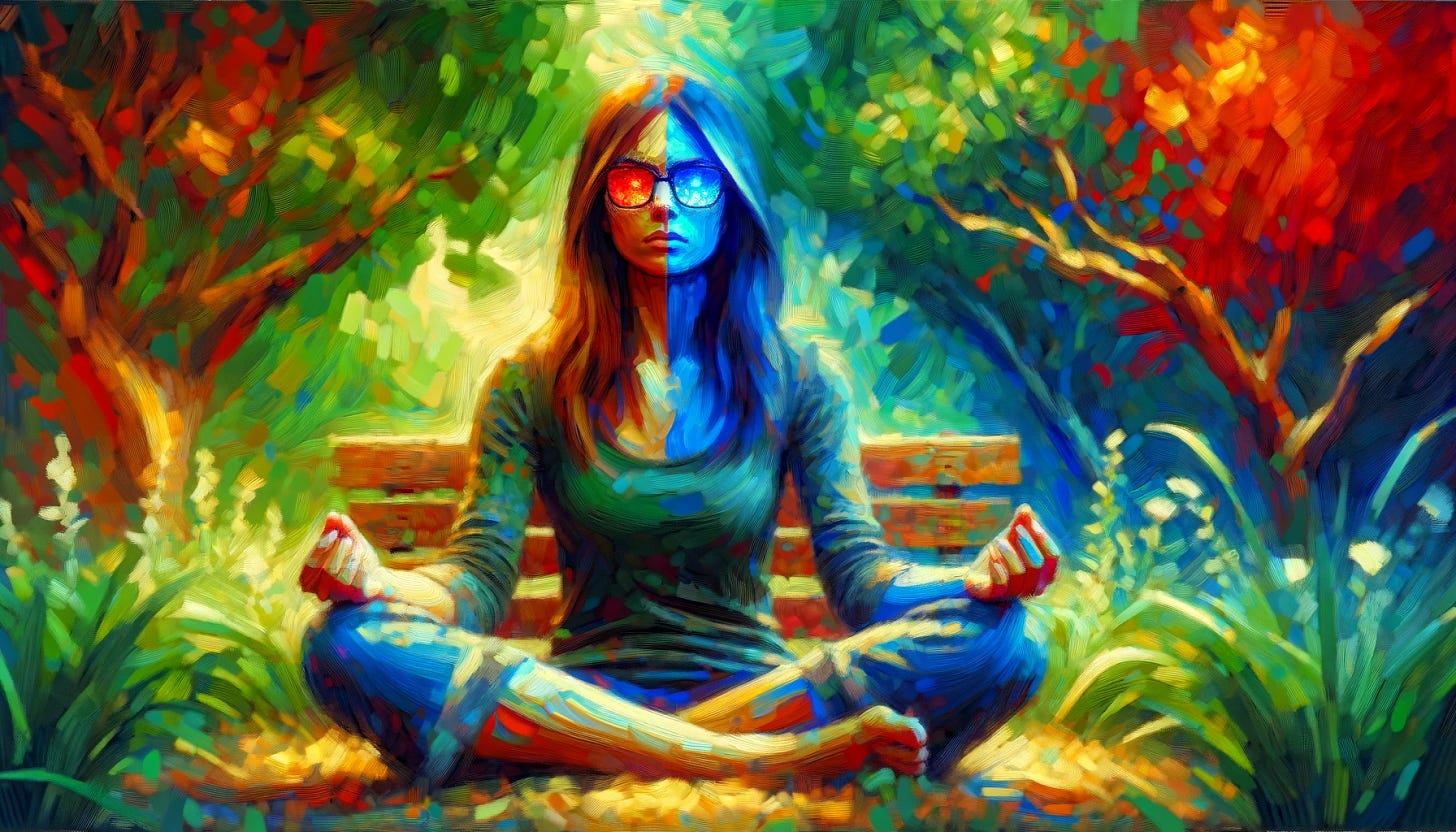 An expressionist style image depicting a woman sitting in a meditative pose in a garden. She is wearing glasses with the left lens colored blue and the right lens red, symbolizing a unique perspective. Her expression is contemplative and slightly sad, reflecting deep thought. The garden around her is lush and tranquil, adding to the serene yet somber atmosphere. The artwork should capture the essence of deep reflection and emotional depth, using vibrant colors and dynamic brushstrokes to convey the mood.