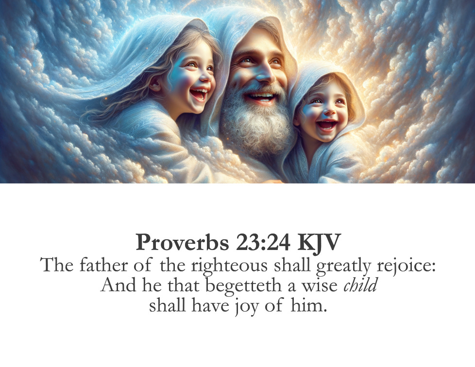 An illustration of a Hebrew grandfather, with a white beard, joyfully embracing his two grandchildren, all wearing light blue robes, surrounded by a cloud-like environment. They are all smiling joyfully. Below the illustration, there is a Bible verse from Proverbs 23:24 (KJV) that reads: "The father of the righteous shall greatly rejoice: and he that begetteth a wise child shall have joy of him."