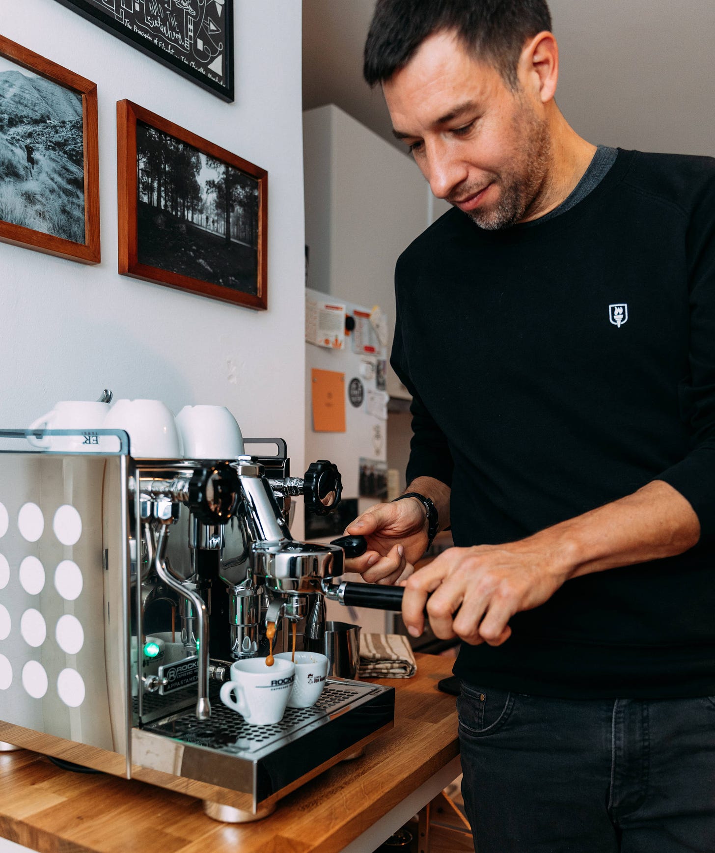 Chris Z preparing two espressi with his rocket coffee maker