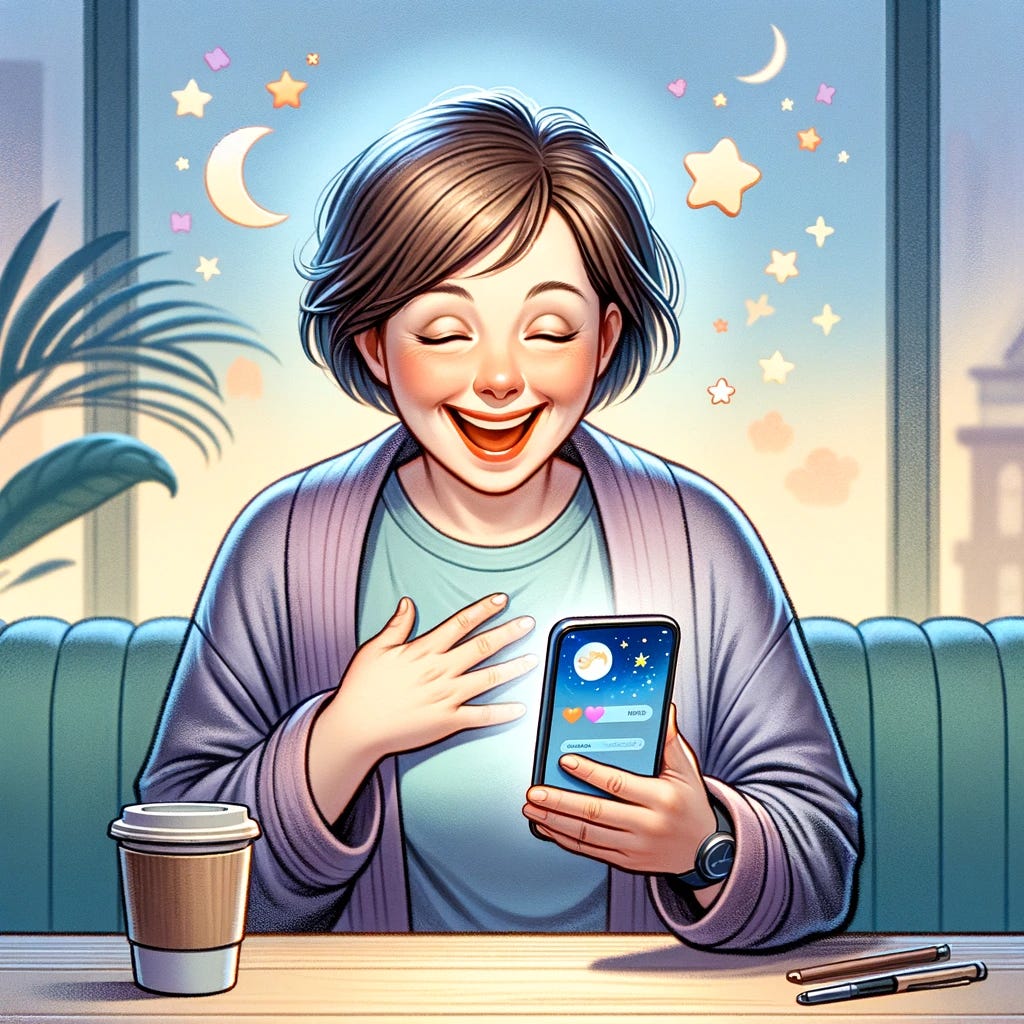 AI-generated cartoony image of a woman delighted by a sleep application