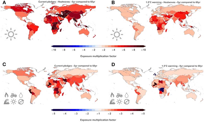 Figure 3 - These four panels show the increase or decrease in extreme climate event exposure of a child born in 2020 compared to a 60-year-old, for all the countries of the world.