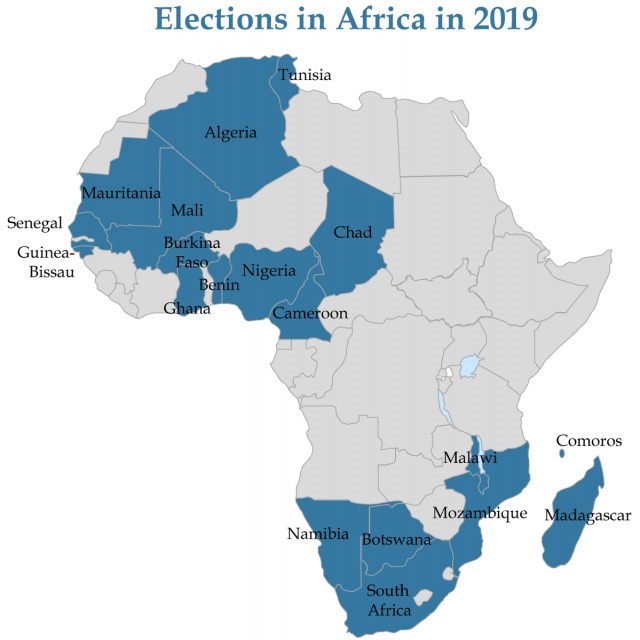 Map showing that elections will be held in 15 African countries in 2019