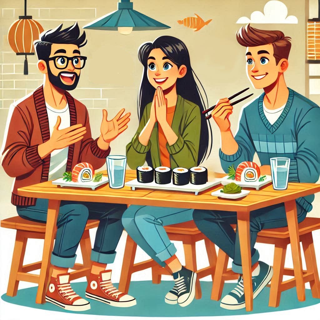 Illustration of two young men and a young woman talking excitedly while seated at a table eating sushi.