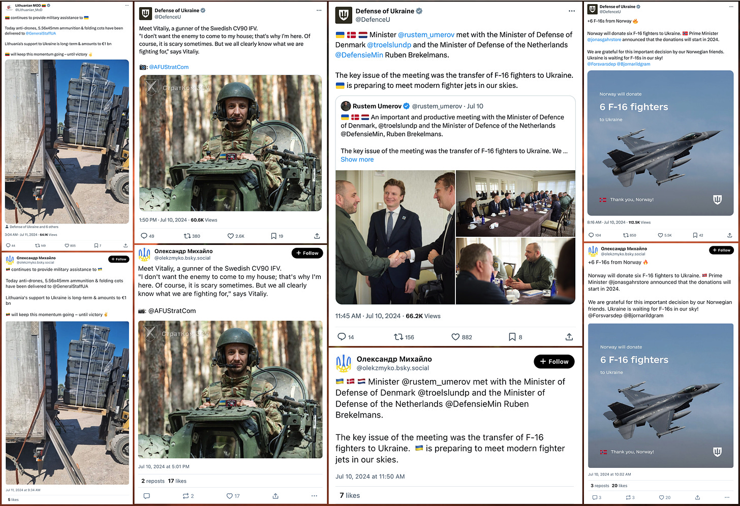 collage of X/Twitter posts and @olekzmyko.bsky.social Bluesky posts plagiarized from the aforementioned Twitter accounts