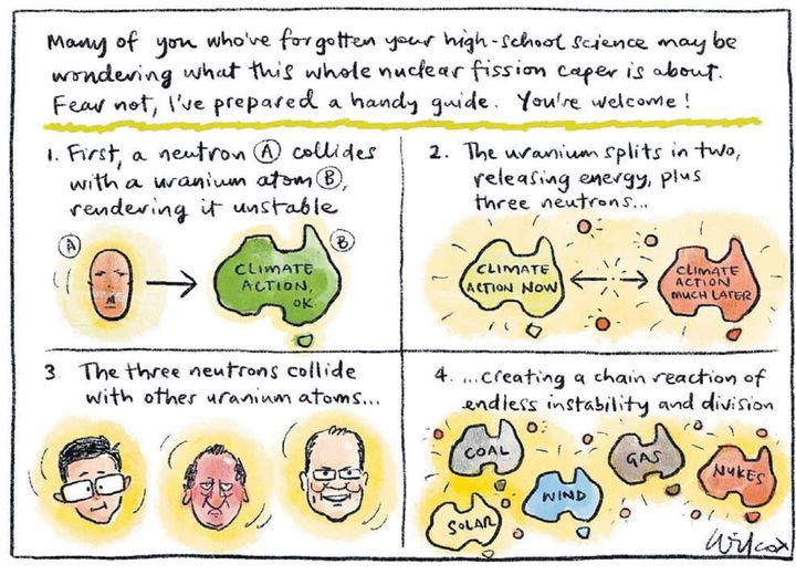 May be a doodle of text that says 'Many of you who've forgotten your high school science may be wondering what this whole nuctear fission caper is about. Fear not, I've prepared a handy guide. You're welcome! 1.First, a neutron collides witha a uranium atom rendering 计 unstable 2. The uranium splits in two, releasing energy, plus three neutrons... 0= CLIMATE ACTION, 3 CLIMATE ΑΕΠΙΟΝ Now CLIMATE ACTION MUCH LATER The three neutrons collide with other uraninm atoms... ...creating a chain reaction of endiers instability and division COAL WIND SOLAR NUKES arkod'