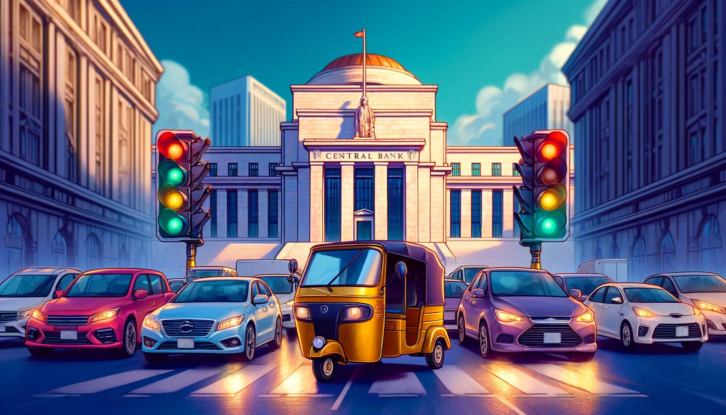 A widescreen image of several cars and an auto rickshaw driving towards a grand and imposing central bank that is issuing currency. The central bank is controlling a large, prominent traffic signal that determines whether the vehicles can proceed or not, symbolizing the central bank's control over borrowing. The scene is depicted in a Japanese anime style, featuring vibrant colors and expressive characters. The central bank building is central in the background, with money being distributed from it, and the vehicles are clearly moving towards it.