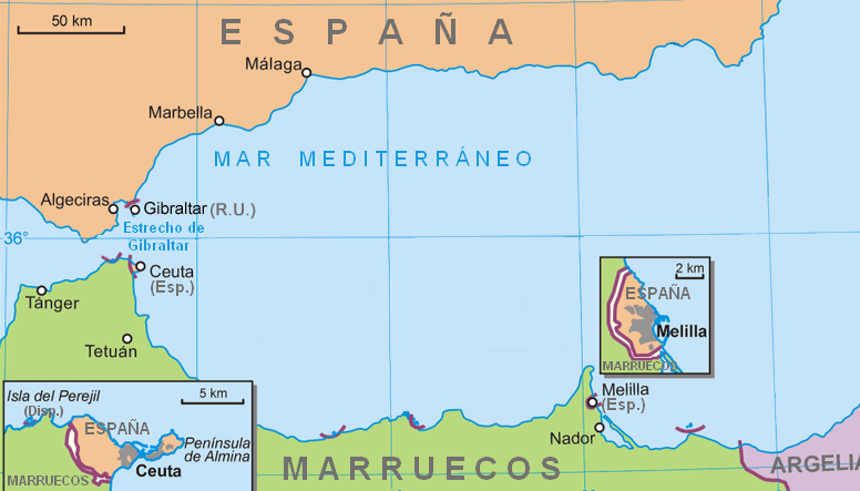 Map with the location of Ceuta and Melilla in northern Morocco across from southern Spain.
