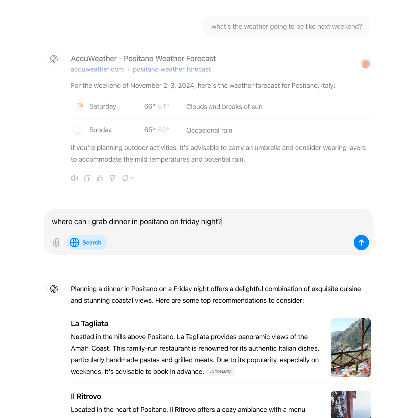 A conversation about the weather forecast for Positano, Italy, on November 2-3, 2024, showing mild temperatures and rain. The user then asks for dinner recommendations in Positano on Friday night, with responses listing local restaurants.