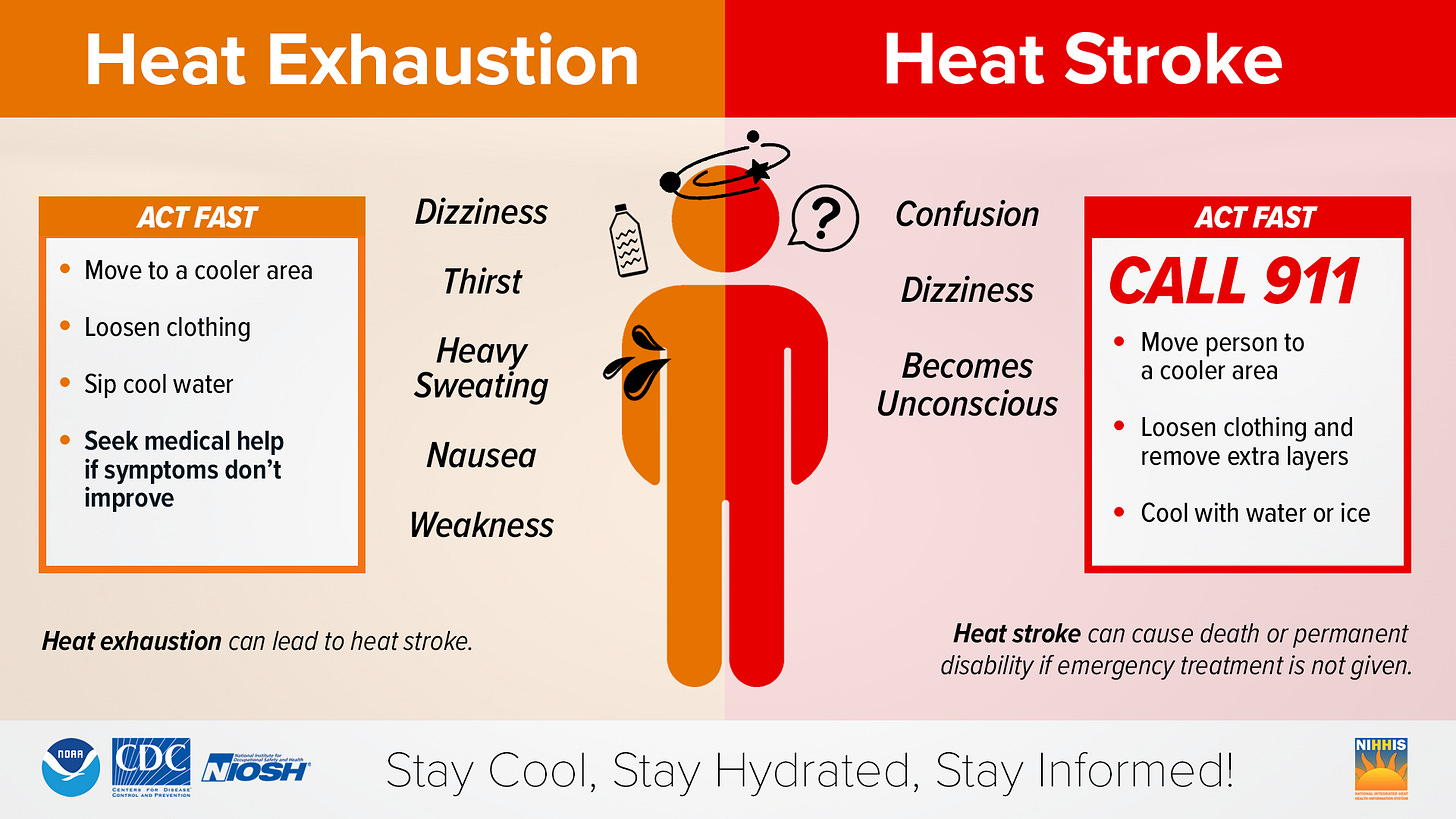 An infographic with information regarding heat exhaustion and heat stroke