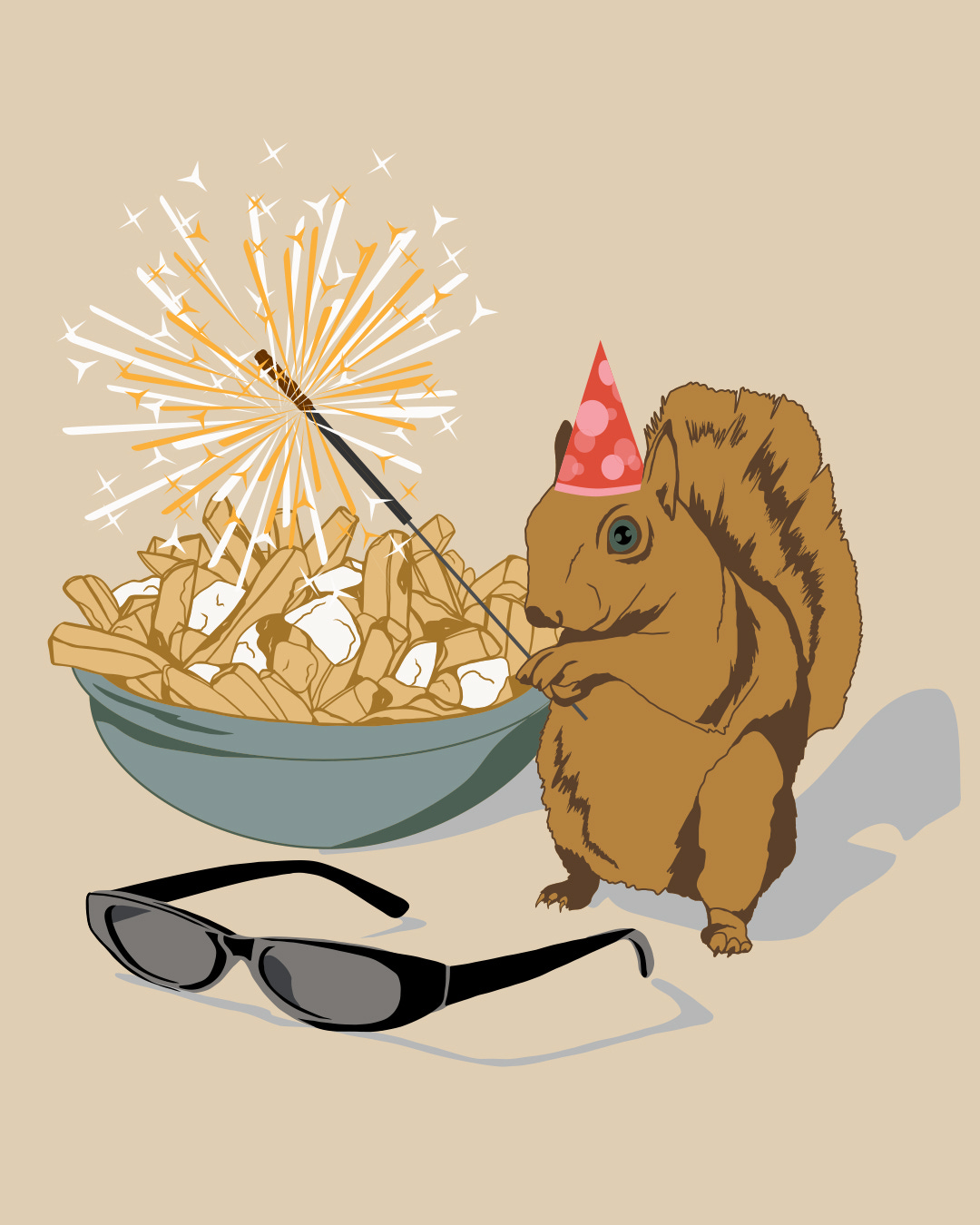 Illustration by Montreal artist La Pimbêche of a squirrel wearing a birthday hat and holding a sparkler, black sunglasses and a bowl of poutine