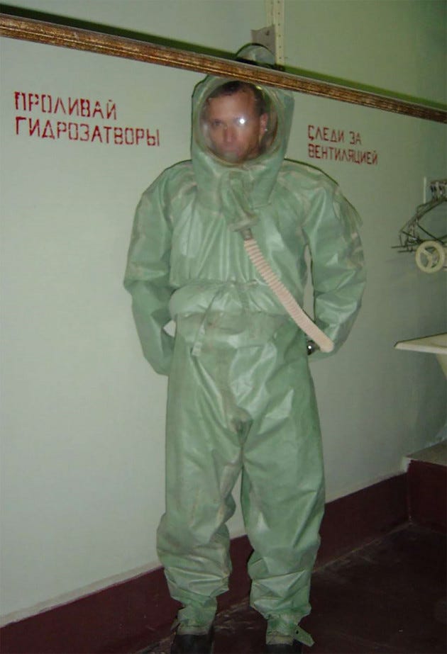 Dr. Michael Callahan leaving the Ebola biocontainment facility at State Research Center VECTOR, in Novosibirsk, Russia. May 2004. (this is the first public images of CTR scientists actually inside a Russian BL4).