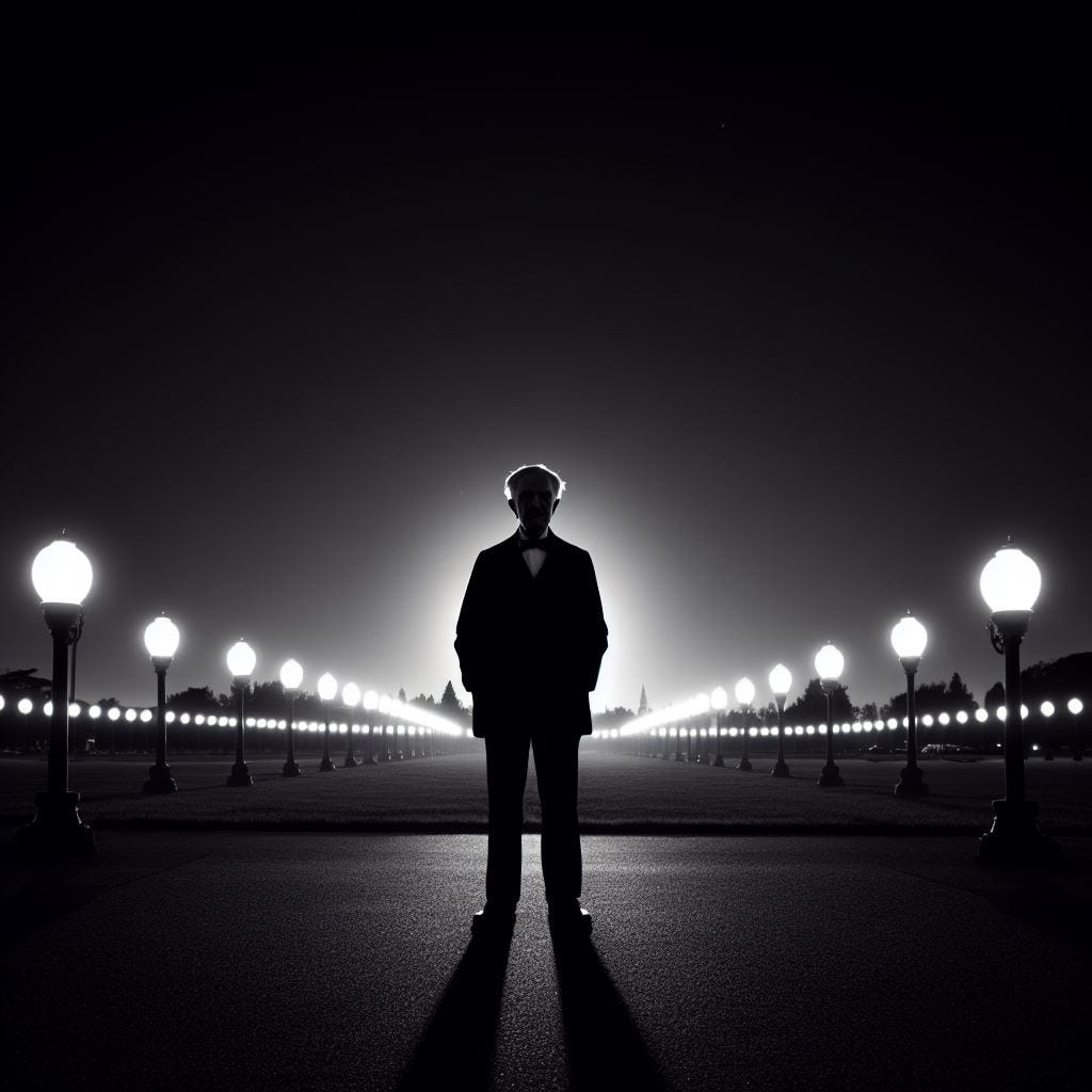 Edison standing in complete silhouette in front of a lit Menlo Park. It's night time and the sky is a dark blue. The image is in black and white but the lights and sky are in color.