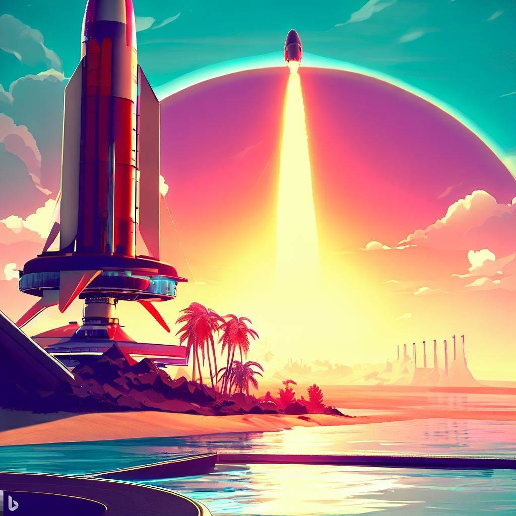 a rocket landing at an island spaceport, art deco, solarpunk