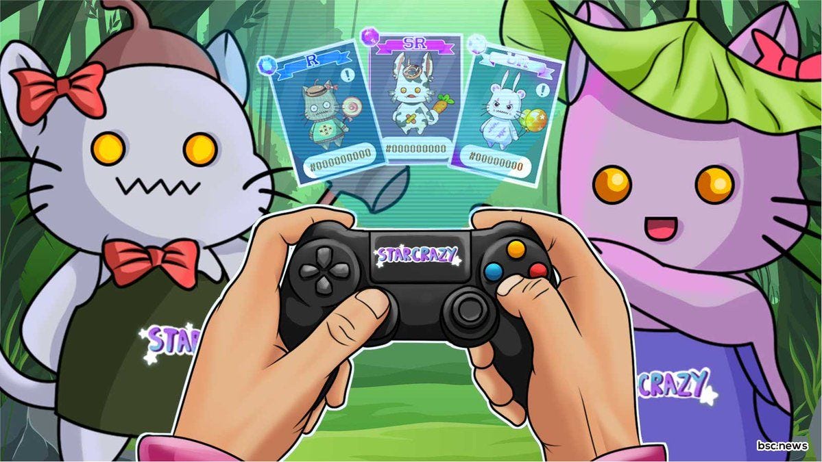 StarCrazy image: 3 Cards, to characters, left & right and in the foreground, two hands using a game controller